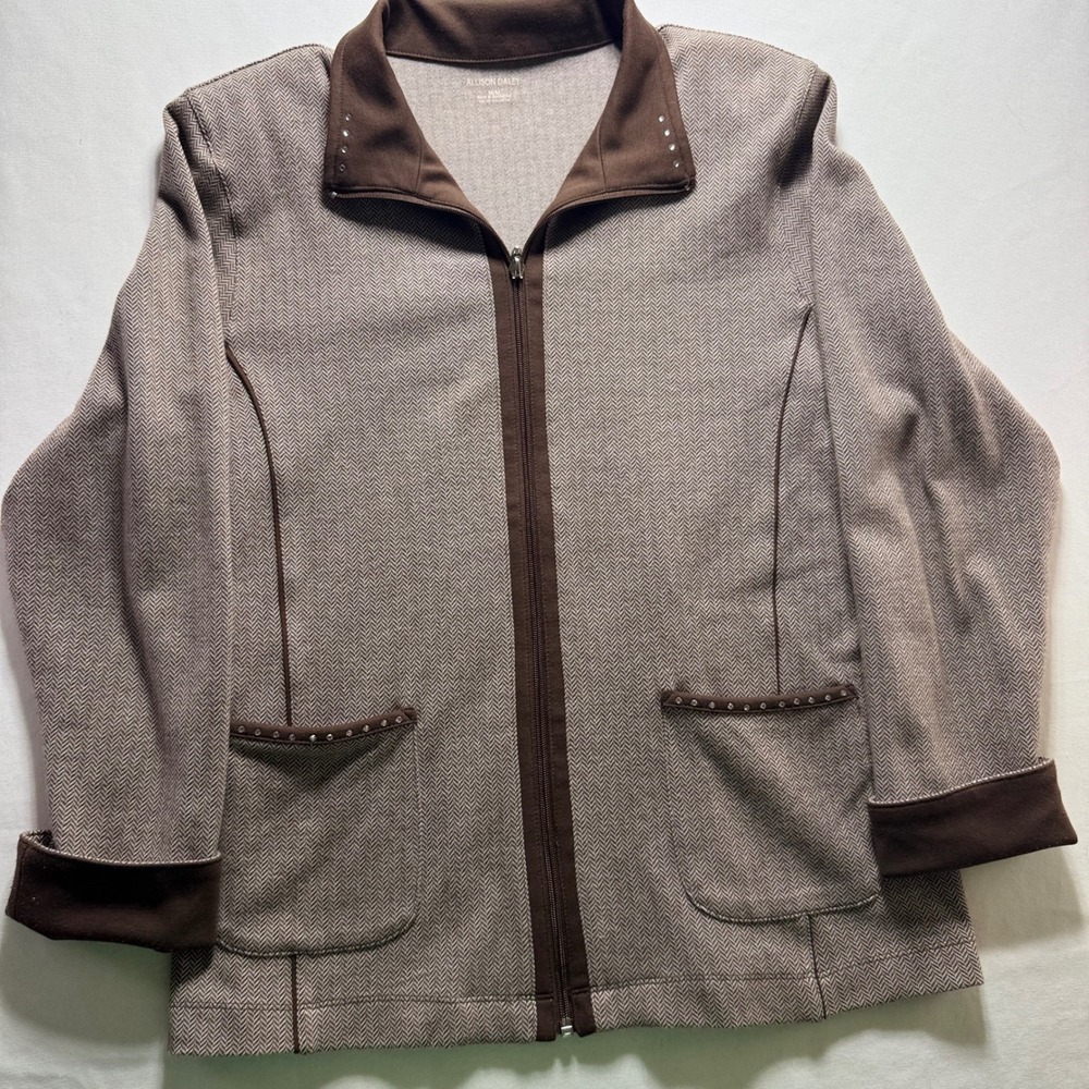 Allison Daley Womens Medium Brown Herringbone Full Zip Jacket Rhinestone Pockets